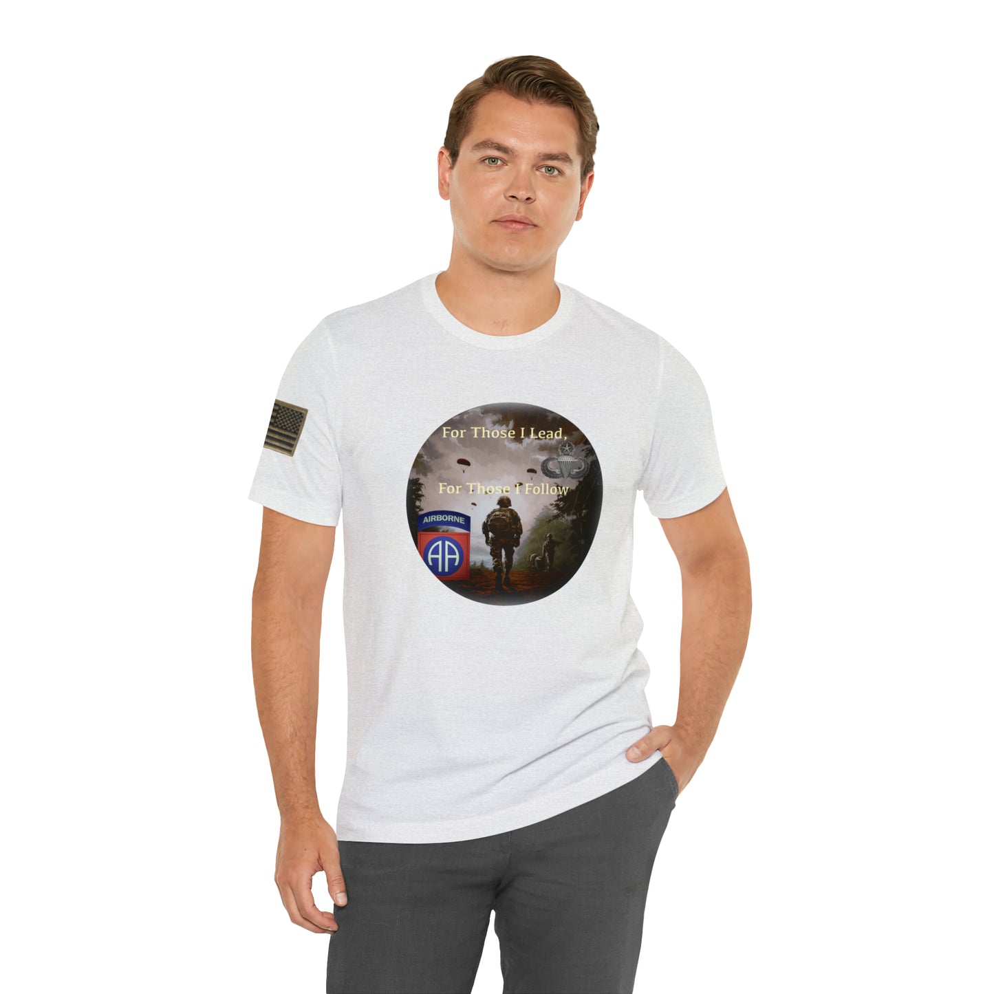 For those I Lead Airborne with 82nd Patch and Master Parachutist Badge Unisex Jersey Short Sleeve Tee