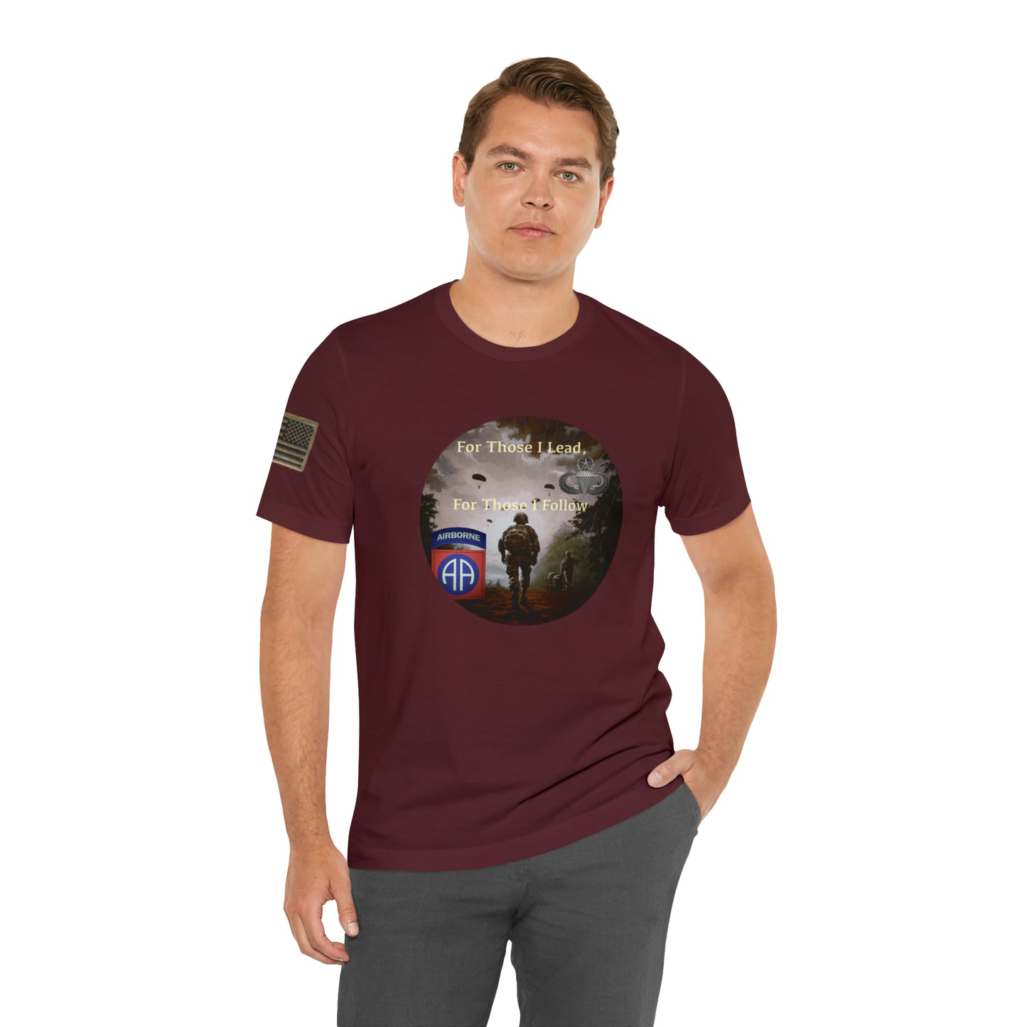 For those I Lead Airborne with 82nd Patch and Master Parachutist Badge Unisex Jersey Short Sleeve Tee