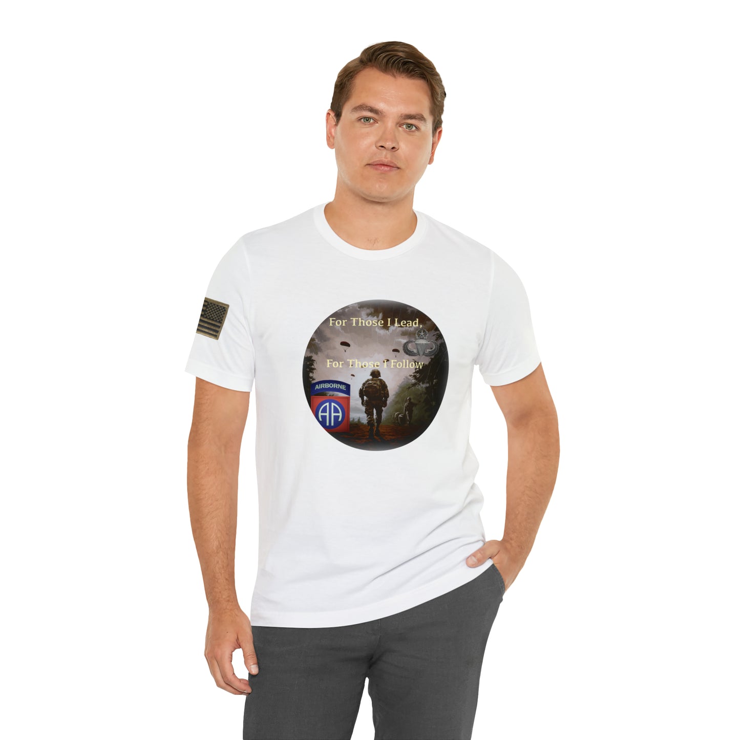 For those I Lead Airborne with 82nd Patch and Master Parachutist Badge Unisex Jersey Short Sleeve Tee