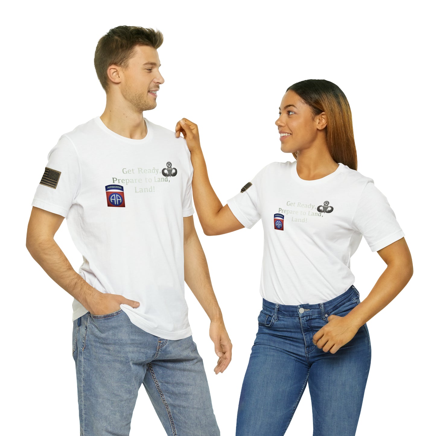 Get Ready, Prepare to Land, Land! Airborne T Shirt with American Flag Unisex Jersey Short Sleeve Tee